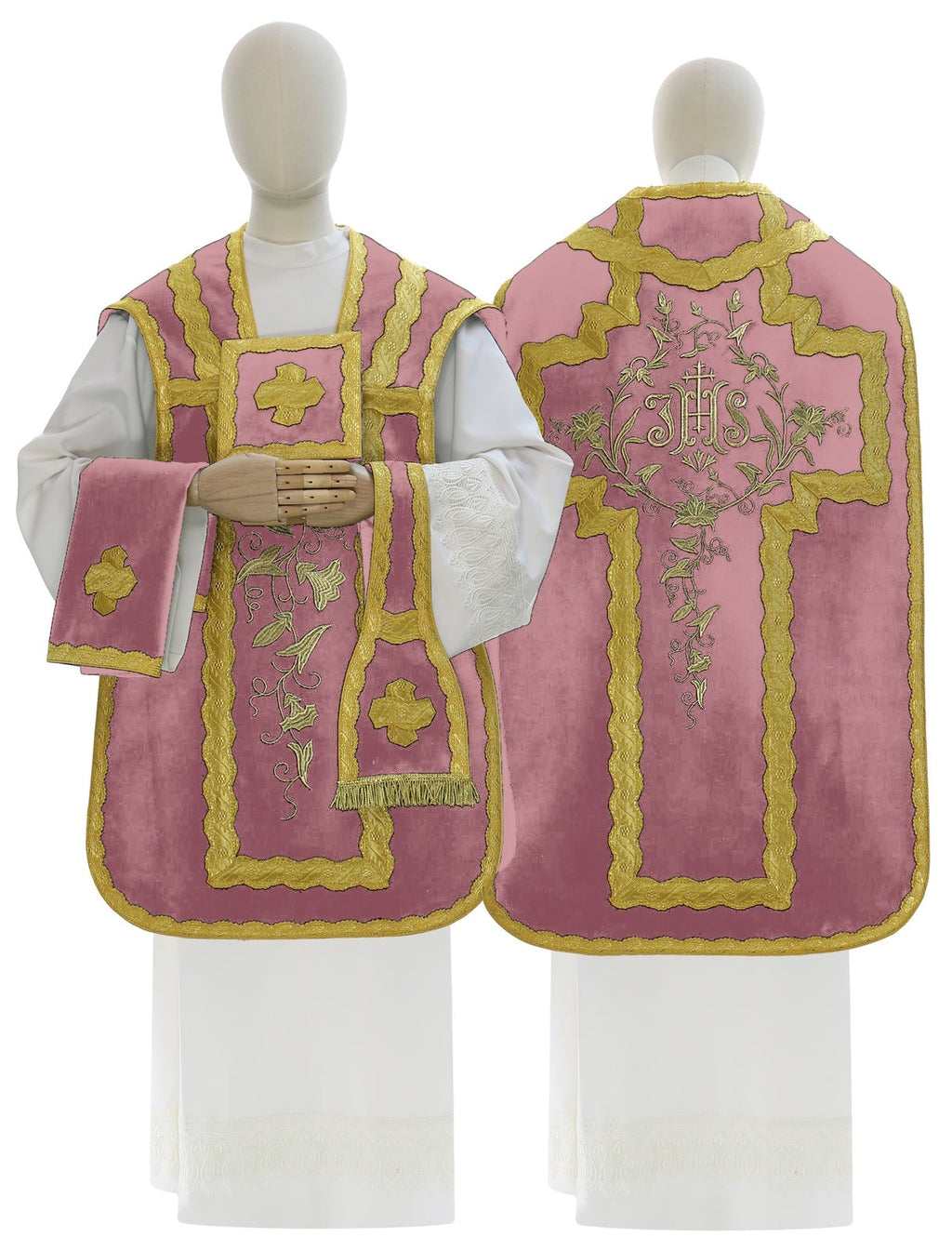 Velvet Roman chasuble with IHS cross, rose