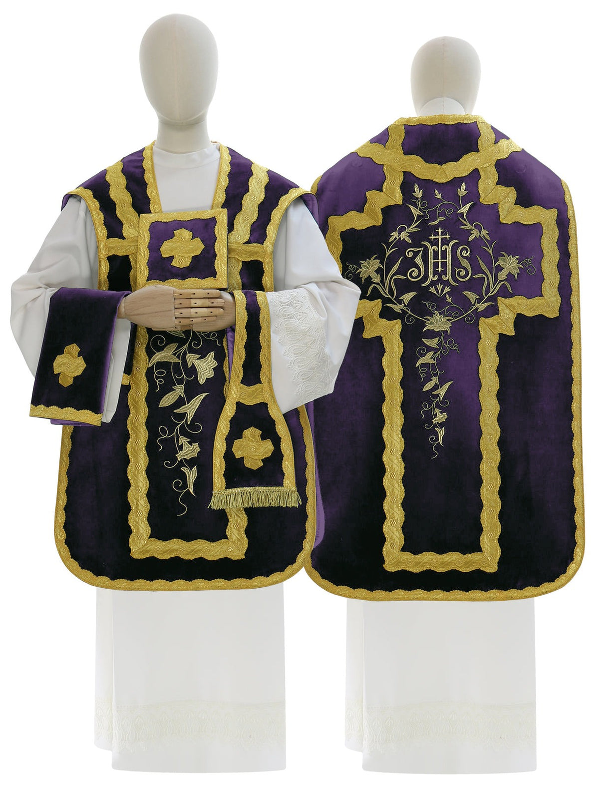 Velvet Roman chasuble with IHS cross, violet