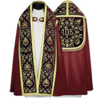 Red Roman cope with velvet embroidery and matching stole