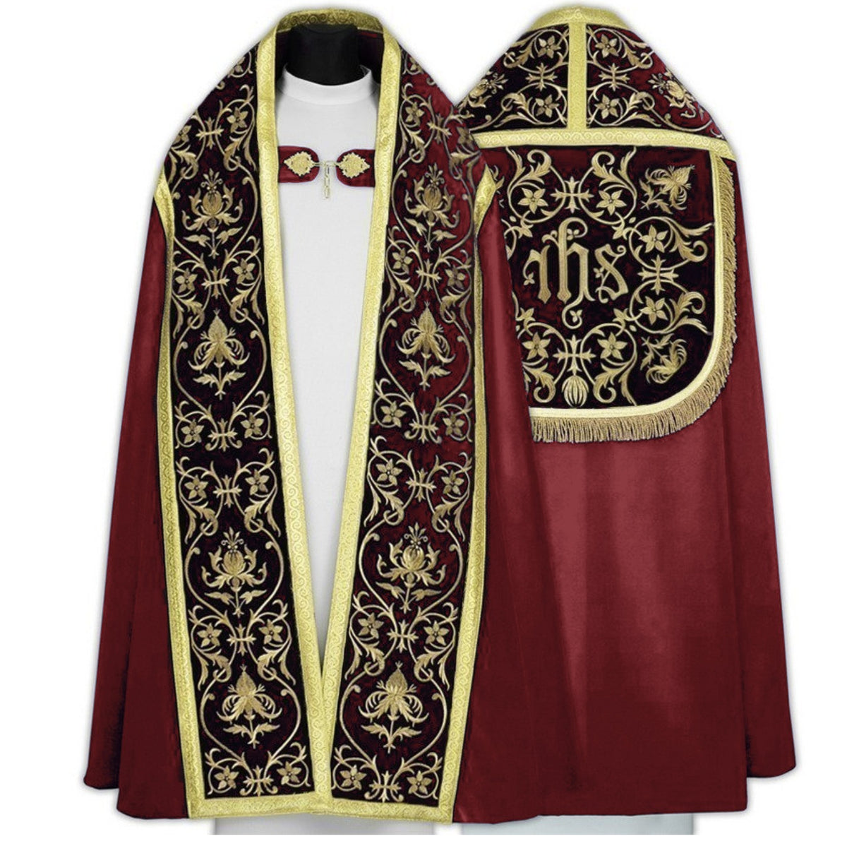 Red Roman cope with velvet embroidery and matching stole