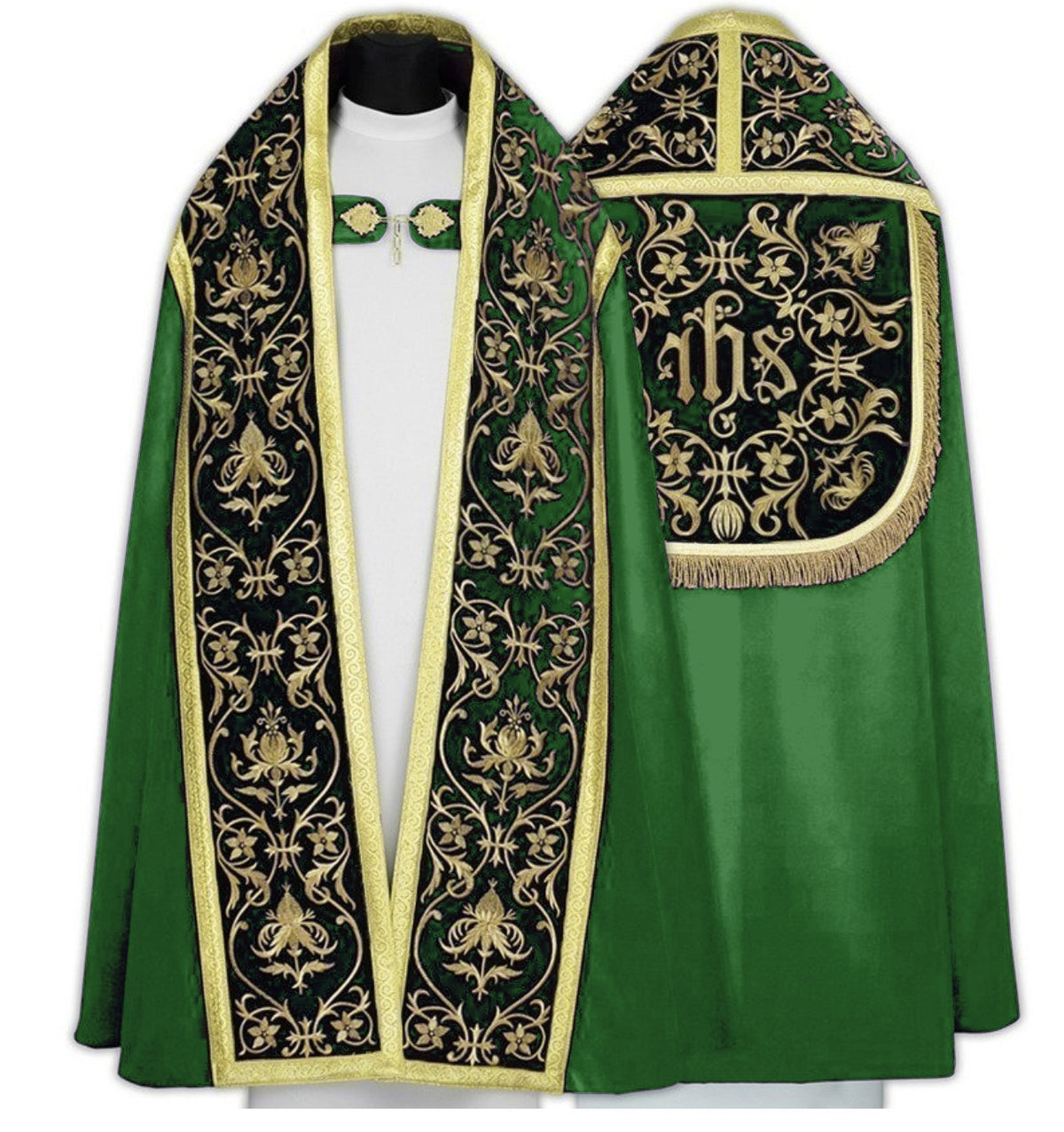 Green Roman cope with velvet embroidery and matching stole