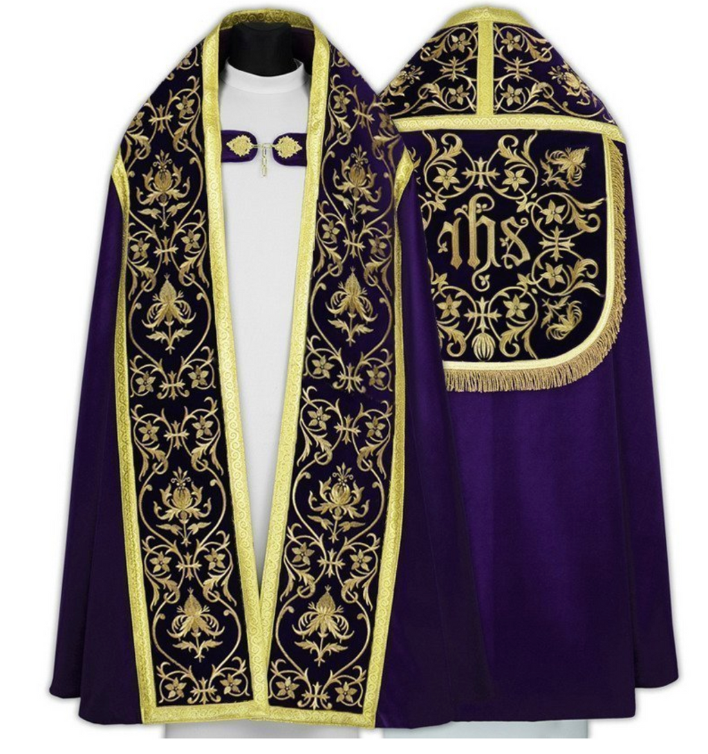 Violet Roman cope, front and back views, gold floral orphreys and hood with IHS embroidery