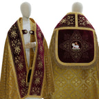 Roman cope with embroidered velvet orphreys, gold/red