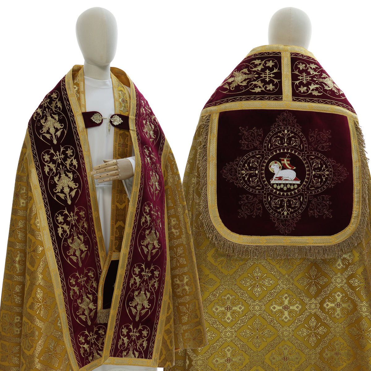 Roman cope with embroidered velvet orphreys, gold/red