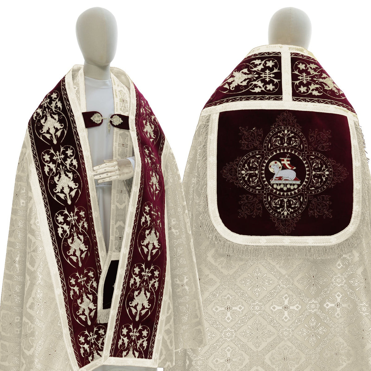 Roman cope with embroidered velvet orphreys, cream