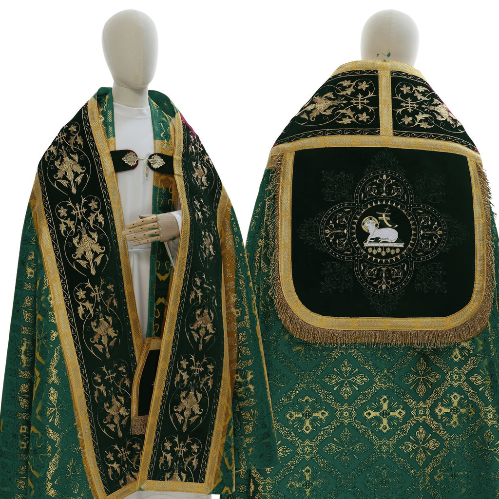 Roman cope with embroidered velvet orphreys, green