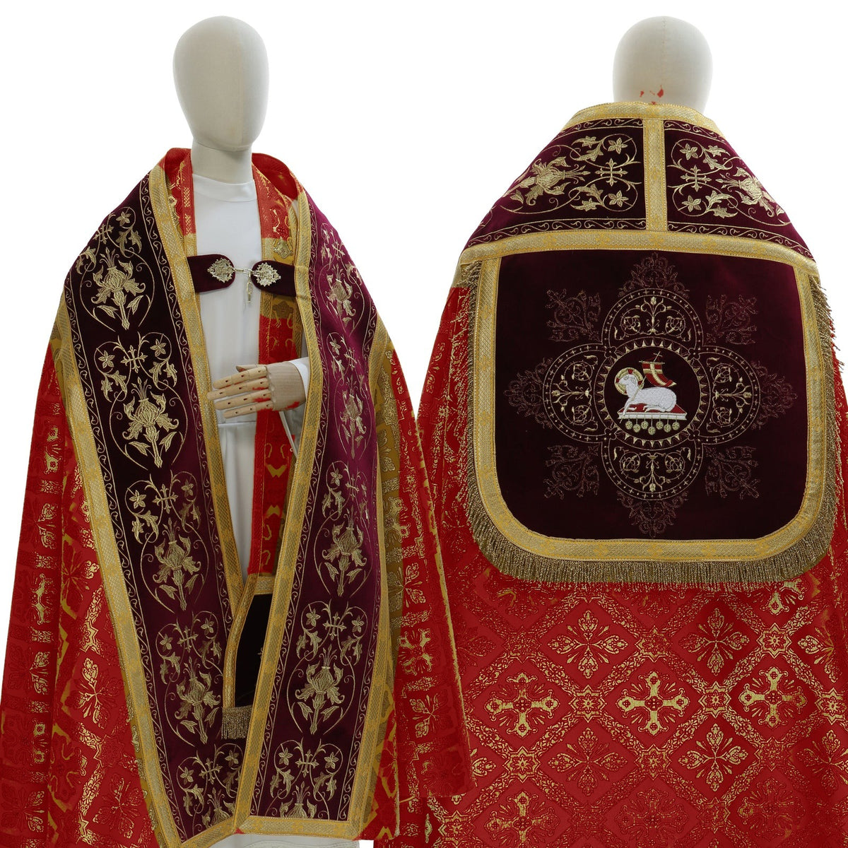 Roman cope with embroidered velvet orphreys, red