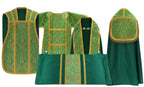 Green Roman High Mass set in silk damask with gold trim: chasuble, cope, dalmatic, tunicle and humeral veil