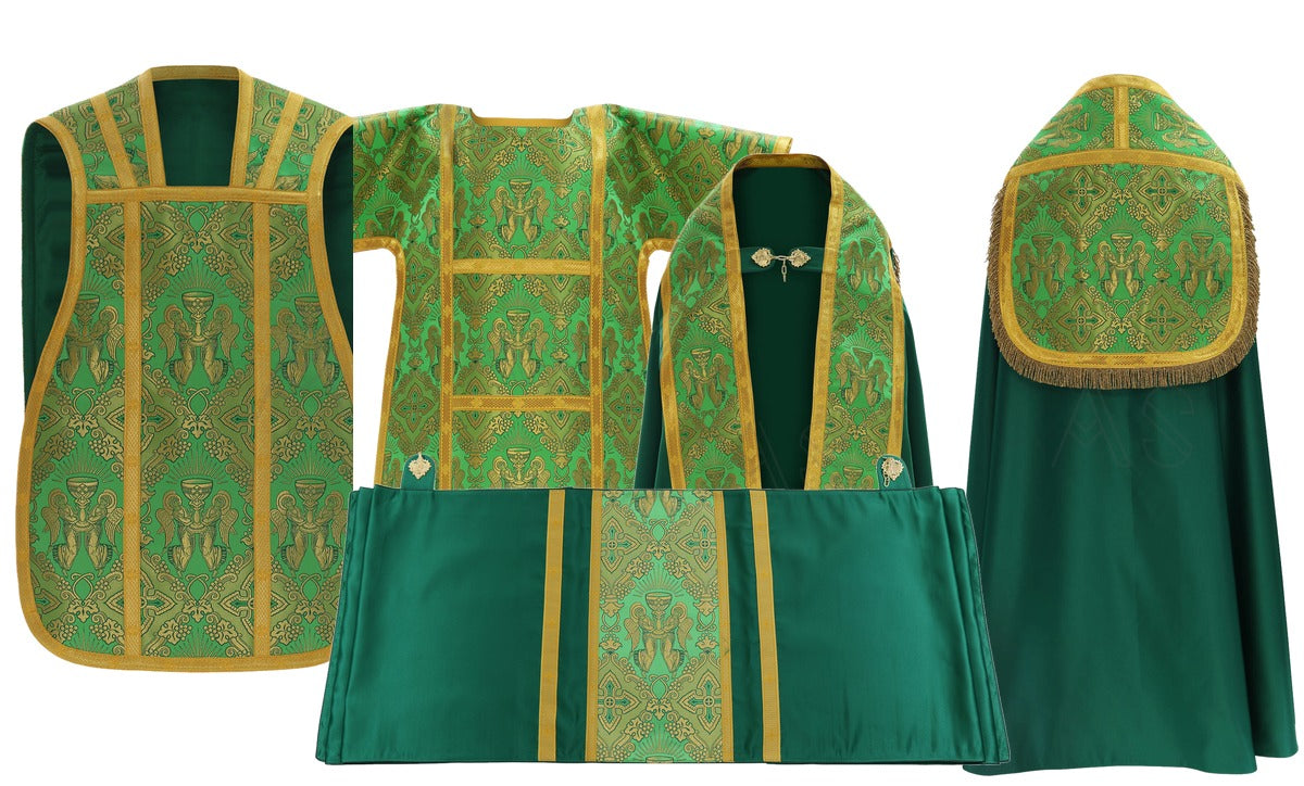 Green Roman High Mass set in silk damask with gold trim: chasuble, cope, dalmatic, tunicle and humeral veil