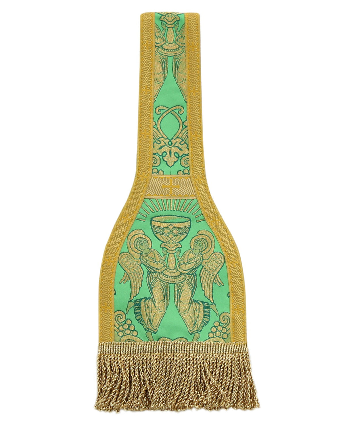Green maniple from Roman High Mass set in silk damask