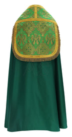 Green Roman cope (back) from Roman High Mass set in silk damask