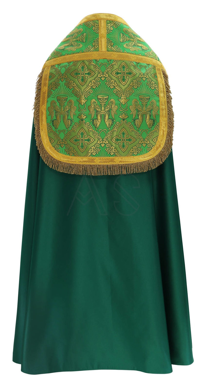 Green Roman cope (back) from Roman High Mass set in silk damask