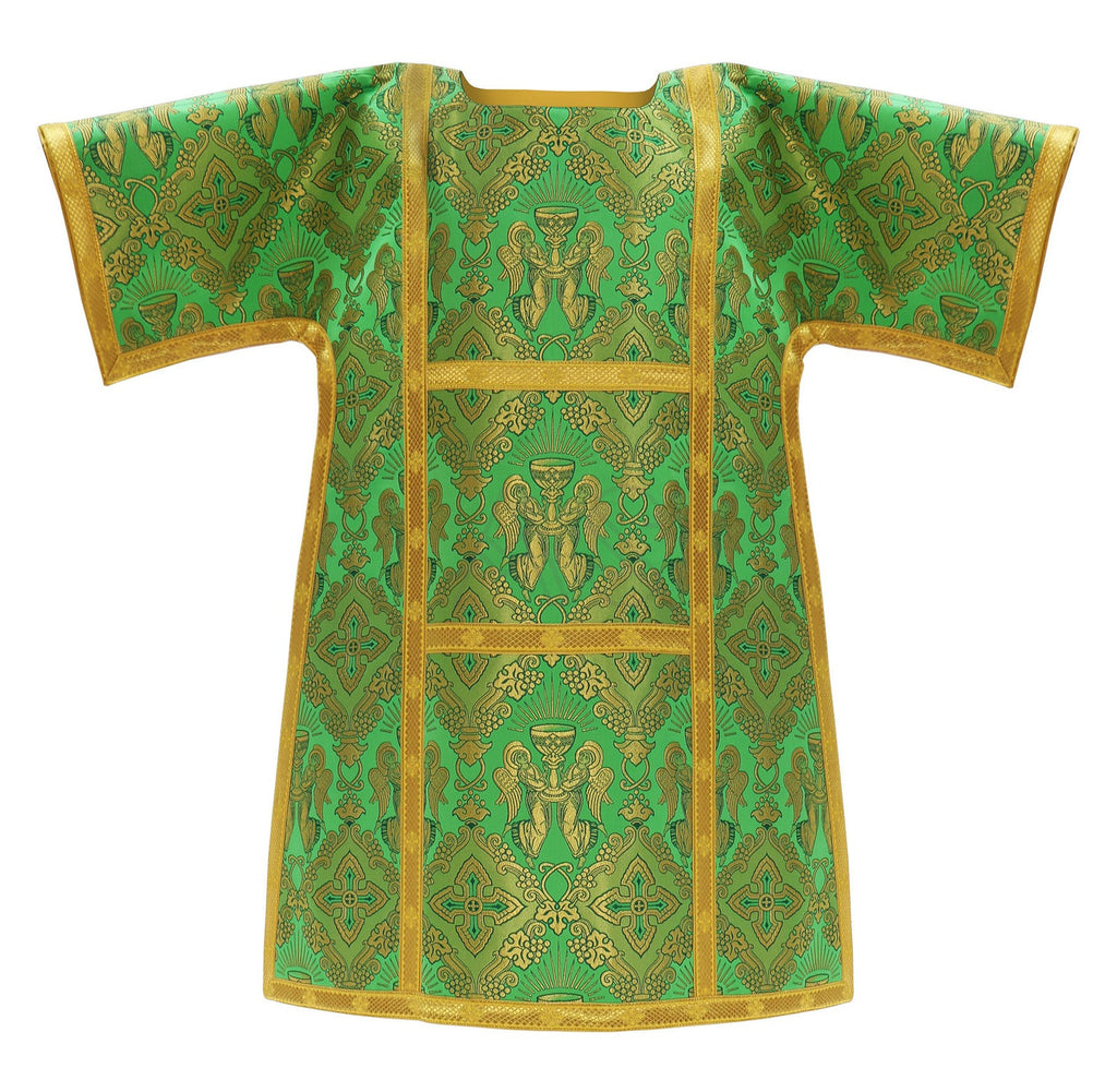 Green Roman dalmatic from Roman High Mass set in silk damask