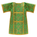 Green Roman dalmatic from Roman High Mass set in silk damask