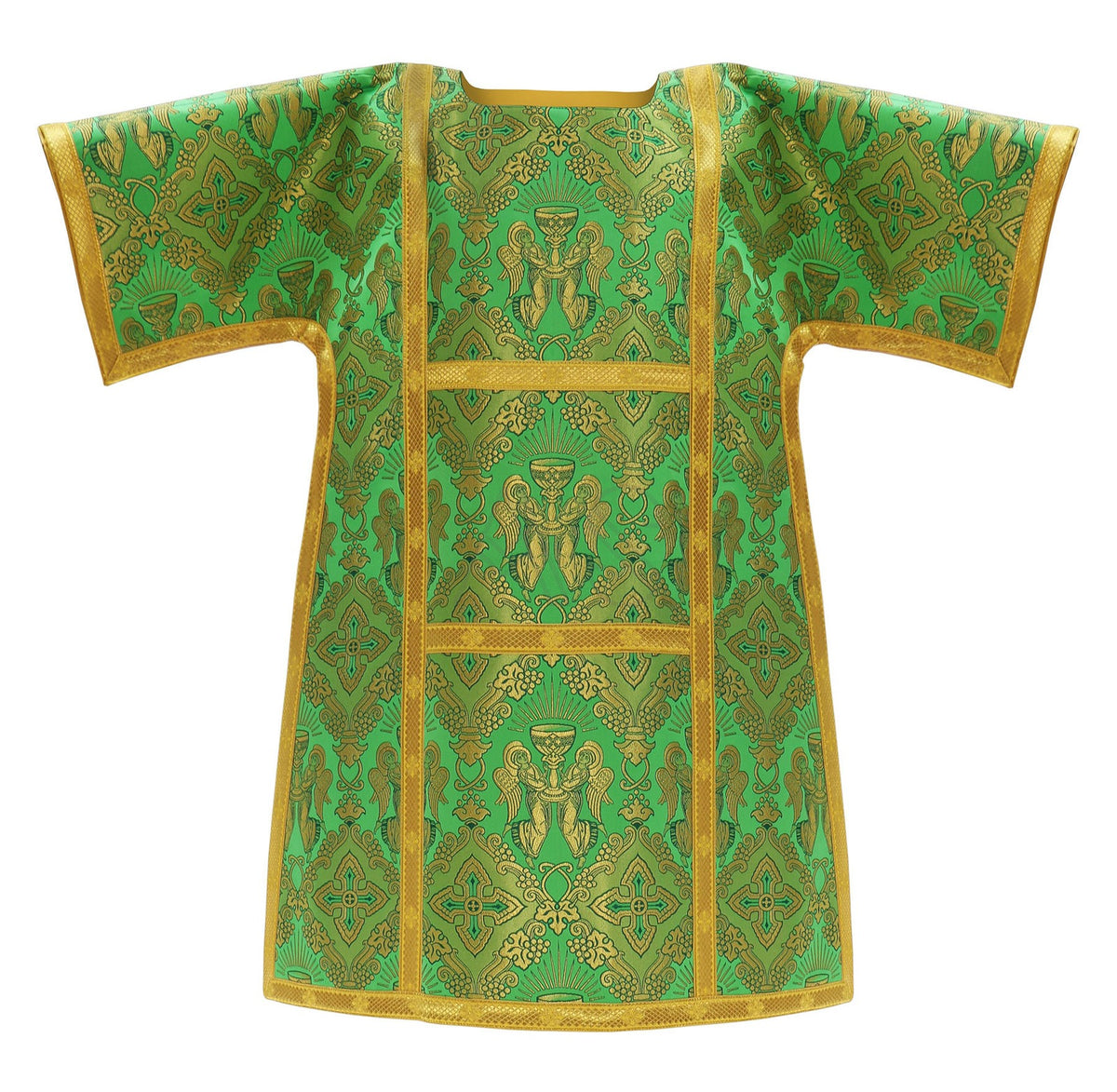 Green Roman dalmatic from Roman High Mass set in silk damask