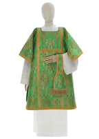 Green Roman tunicle from Roman High Mass set in silk damask