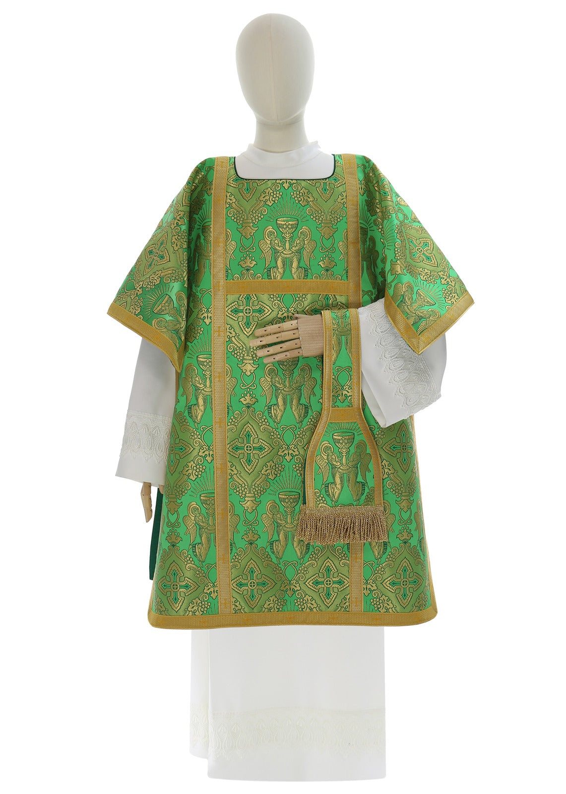 Green Roman tunicle from Roman High Mass set in silk damask