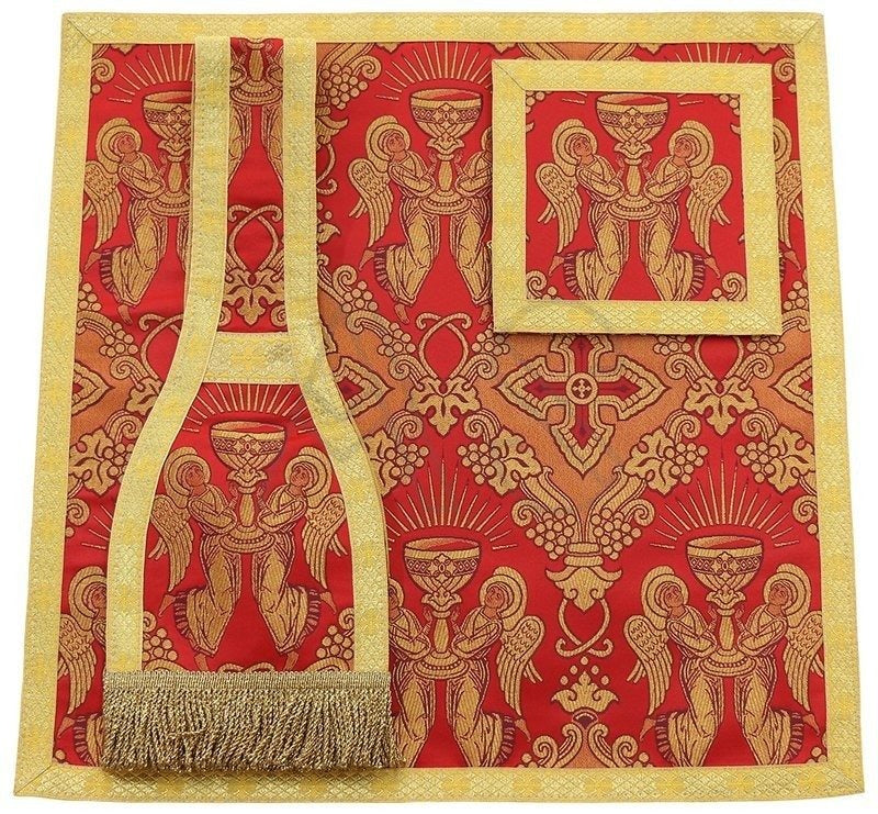 Red burse and chalice veil from Roman High Mass set in silk damask