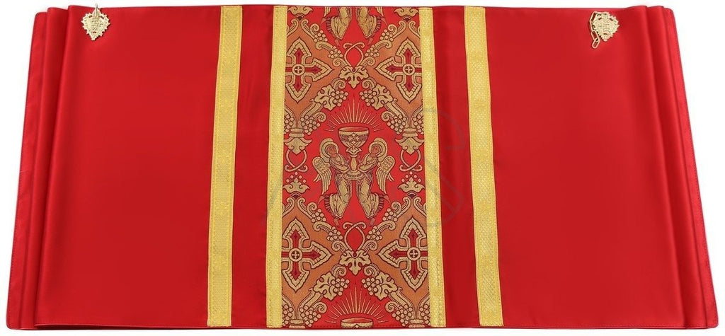 Red humeral veil from Roman High Mass set in silk damask
