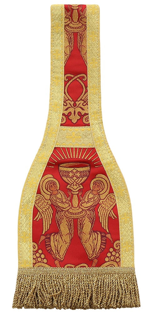 Red maniple from Roman High Mass set in silk damask
