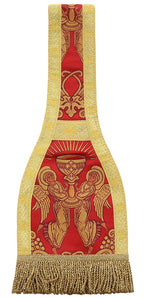 Red maniple from Roman High Mass set in silk damask