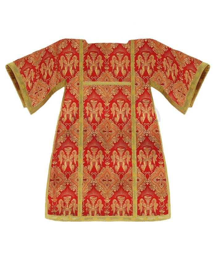 Red Roman tunicle from Roman High Mass set in silk damask