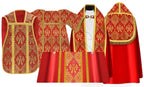 Red Roman High Mass set in silk damask with gold trim: chasuble, cope, dalmatic, tunicle and humeral veil