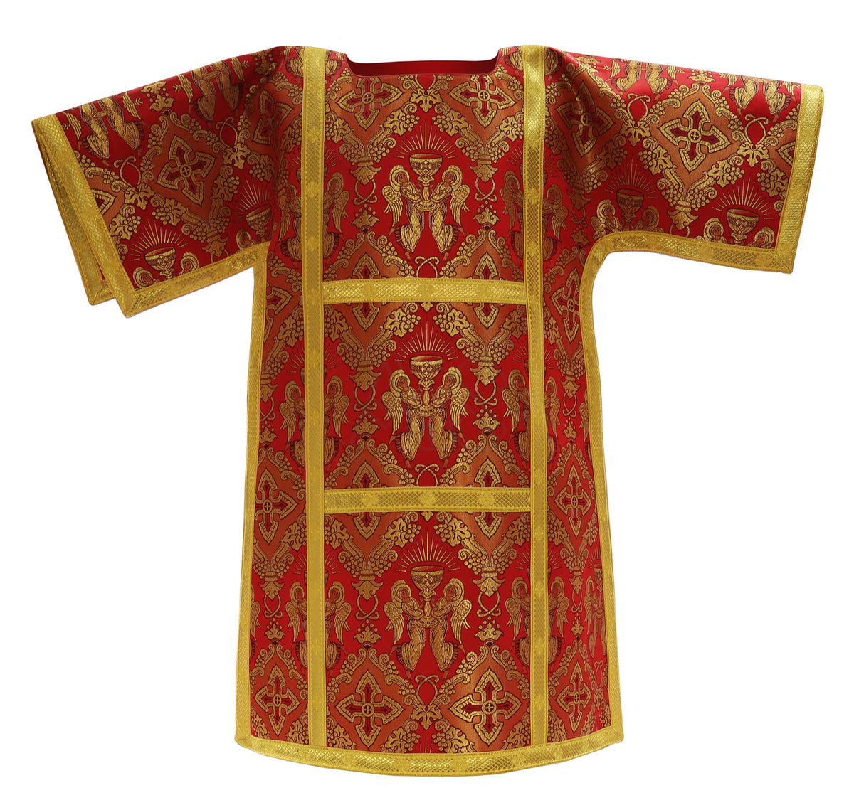 Red Roman dalmatic from Roman High Mass set in silk damask