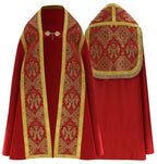 Red Roman cope from Roman High Mass set in silk damask