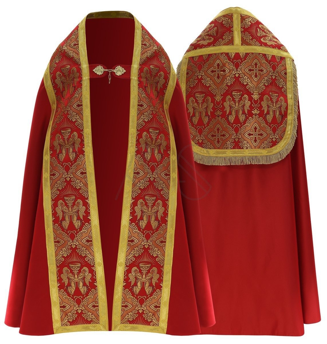 Red Roman cope from Roman High Mass set in silk damask