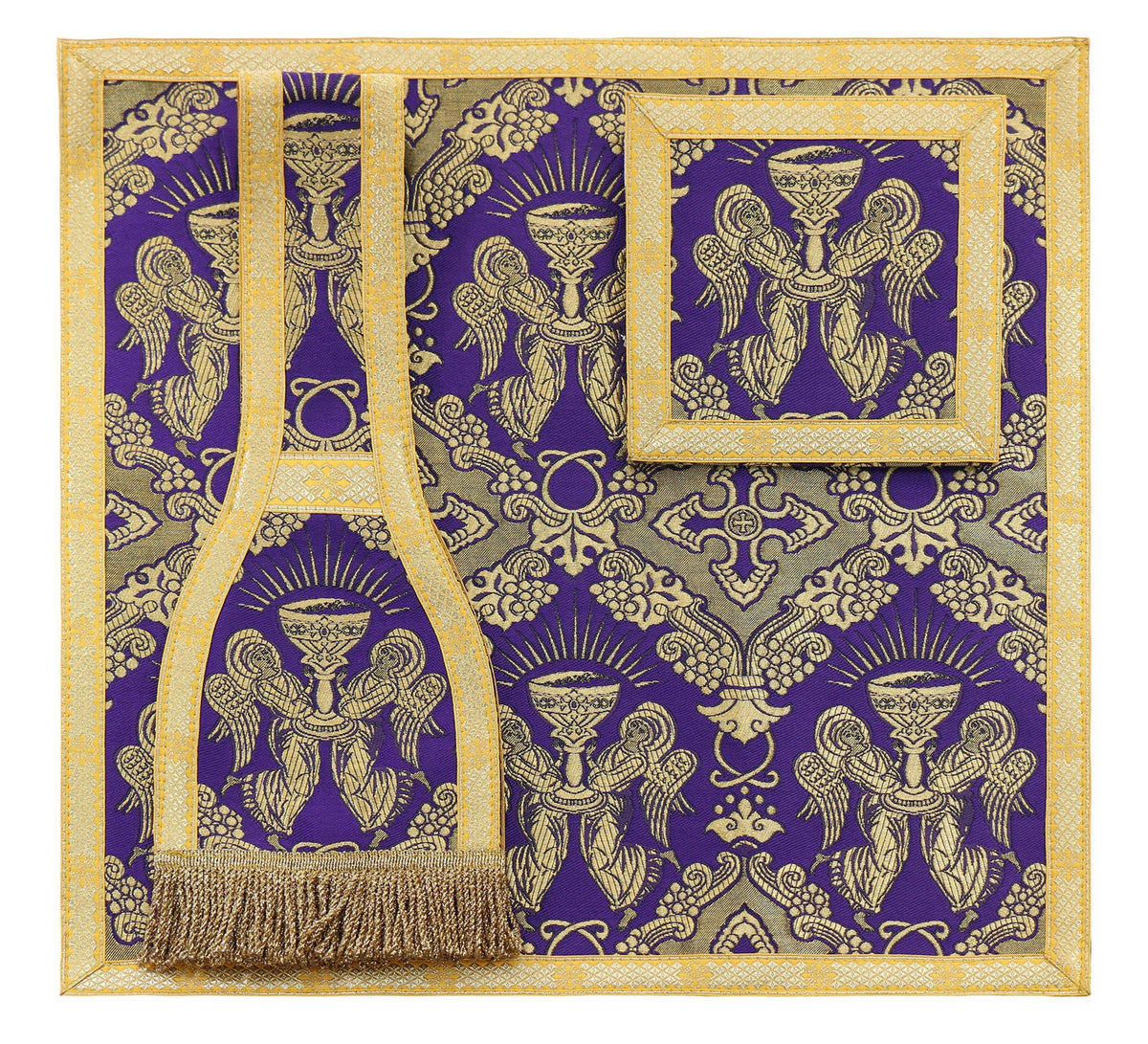 Violet burse and chalice veil from Roman High Mass set in silk damask