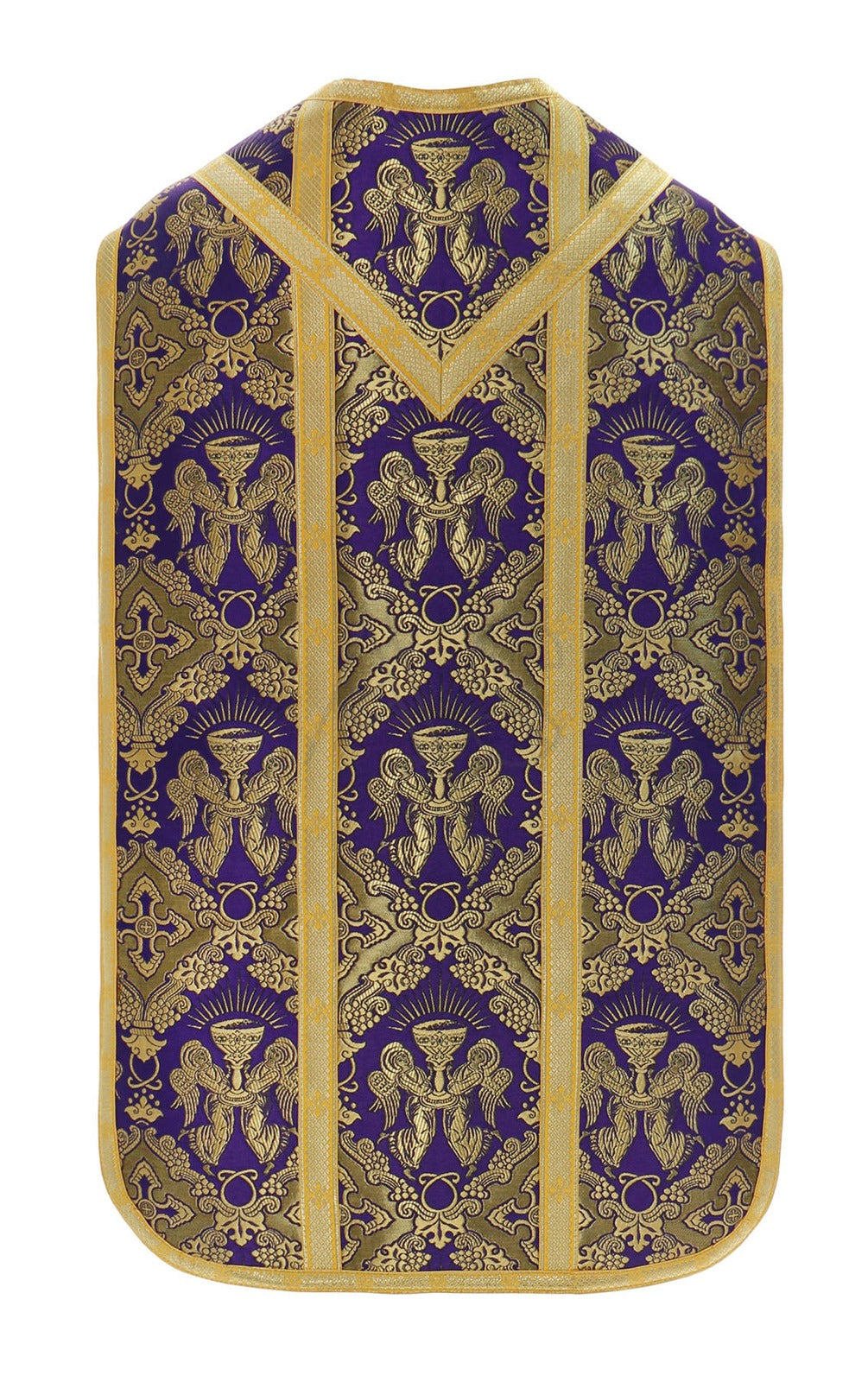 Violet Roman chasuble (back) from Roman High Mass set in silk damask