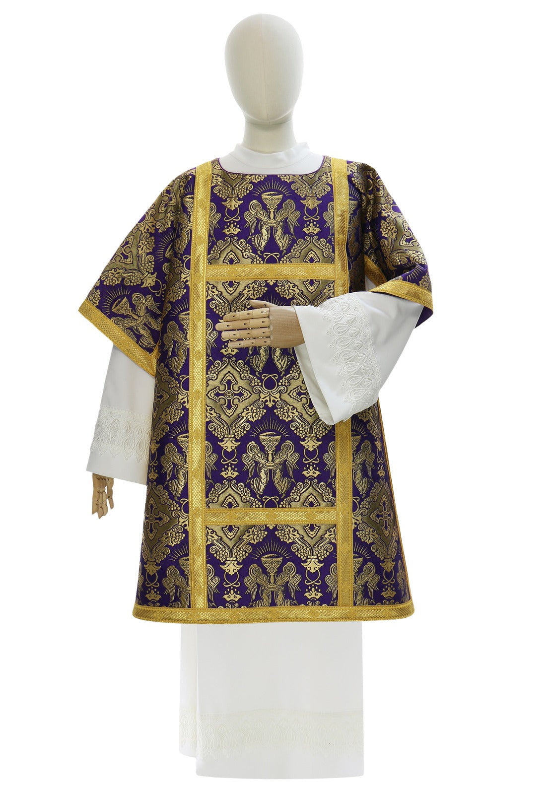Violet Roman dalmatic from Roman High Mass set in silk damask