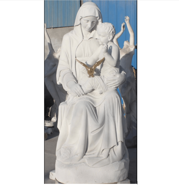 Seated Mary and Child w/ Holy Spirit Carved Marble Statue