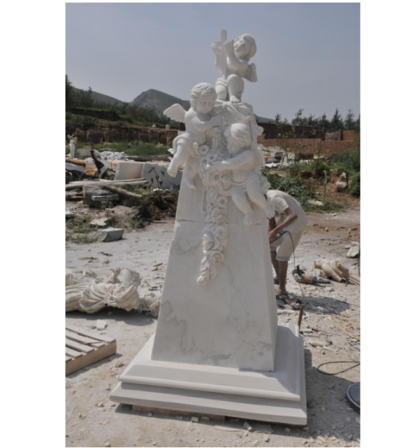 Marble Monument with Cherubs and Cross.Carved Marble Statue M2558 86.5" tall