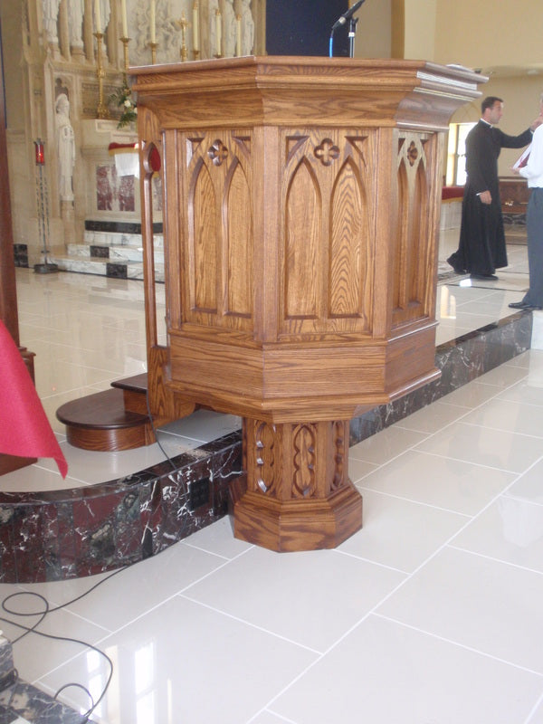 Solid Oak Hexagonal Pulpit w/ steps. Gothic can be switched for roman design