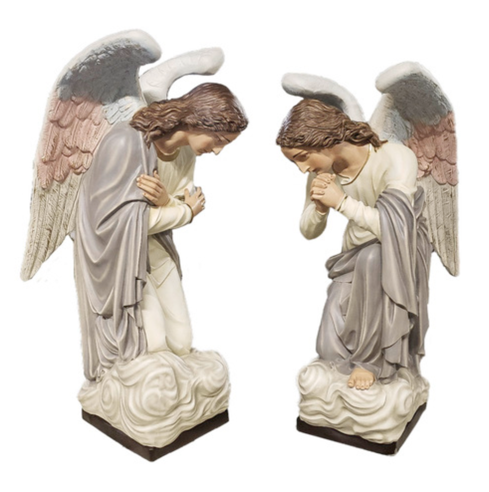 Pair of painted kneeling angels with folded hands and pink-tipped wings