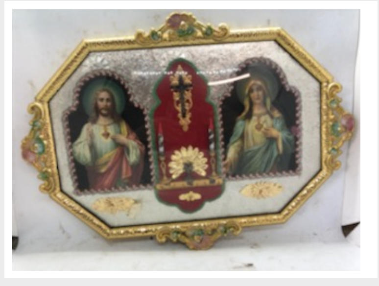 Large Bubble Framed in Brass Image of Immaculate heart and Sacred heart