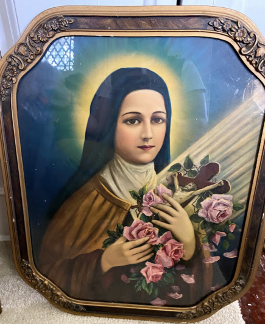 Larger St Therese Image in Turtle Shell Frame