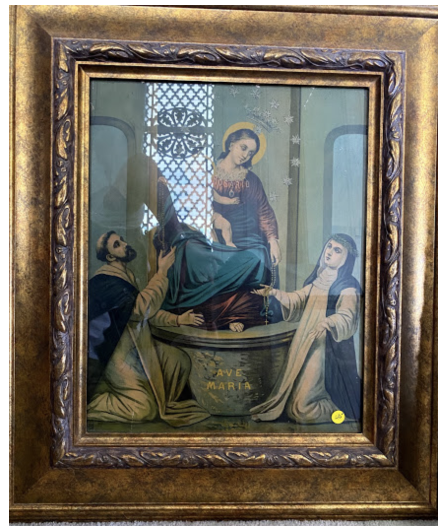 Antique Framed Image larger of St Dominic, St Therese and BVM