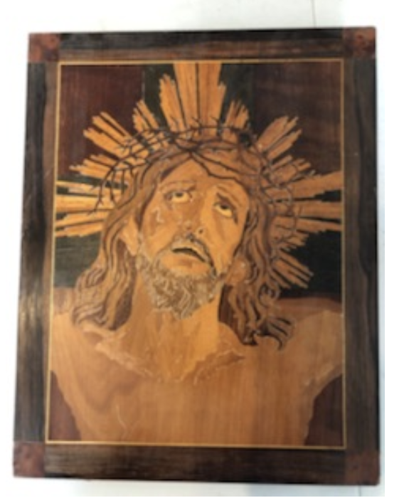 Inlaid Carved Scouraged Christ on Wood