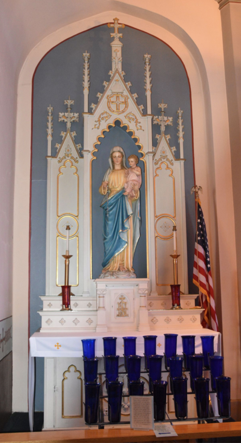 Antique Gothic side altar with a statue of Our Lady, reinstalled in Bellwood, Nebraska