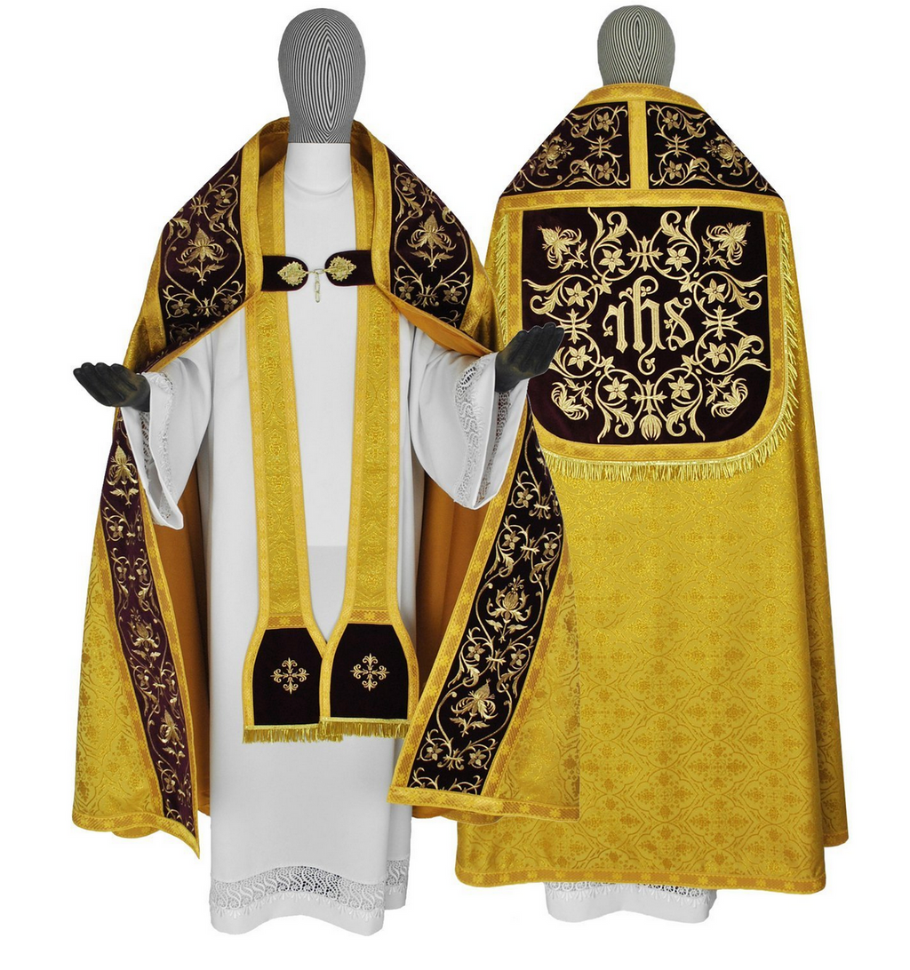 Gold/red Roman cope with velvet embroidery and matching stole