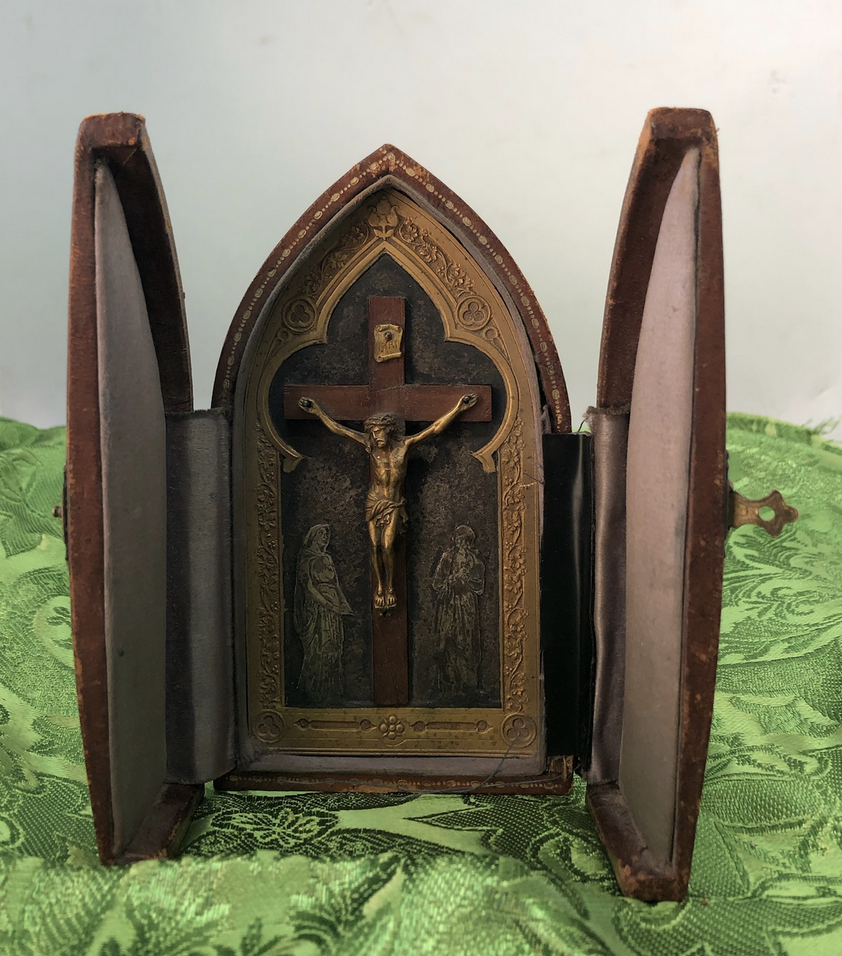 A48 Christ Crucifixion Tryptich from France in Tooled leather and hand carved Copper