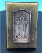 Sacred Heart Engraving mounted on Green Onyx and Brass unsigned France