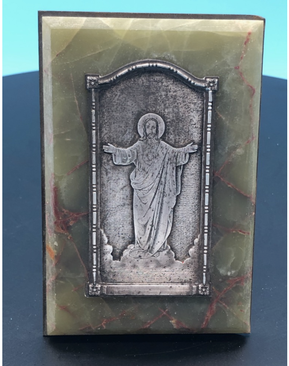 Sacred Heart Engraving mounted on Green Onyx and Brass unsigned France