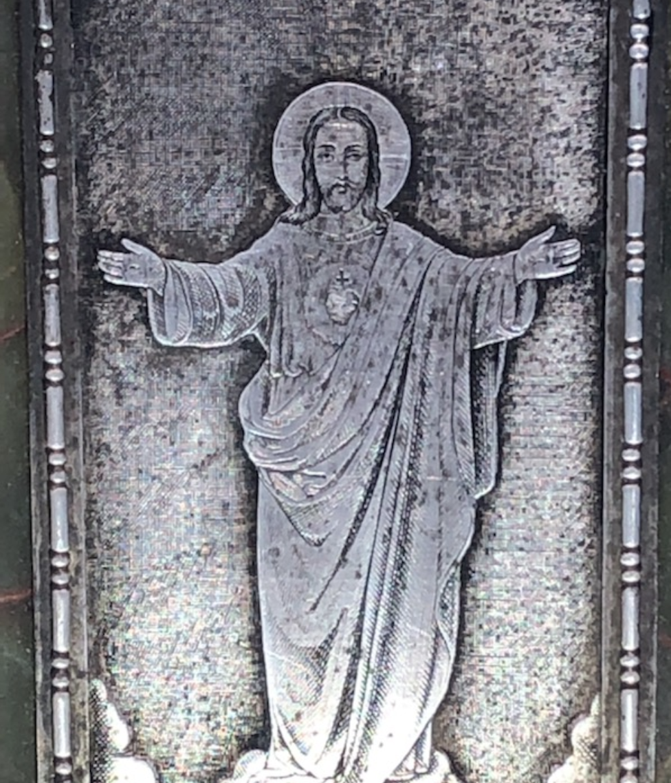 Sacred Heart Engraving mounted on Green Onyx and Brass unsigned France