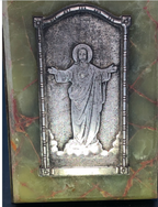 Sacred Heart Engraving mounted on Green Onyx and Brass unsigned France