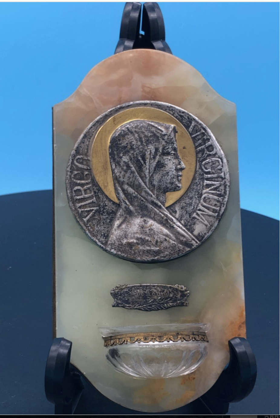 Mary Holy Water font on Silvered Copper relief. Stunning From France