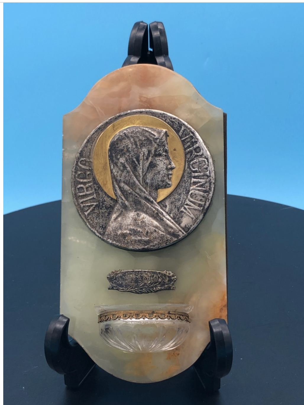 Mary Holy Water font on Silvered Copper relief. Stunning From France